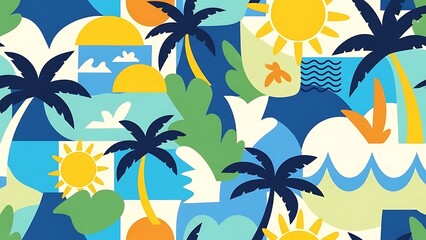 Colorful Summer Tropical Beach Seamless Pattern with Palm Trees, Sun, and Ocean Waves Illustration