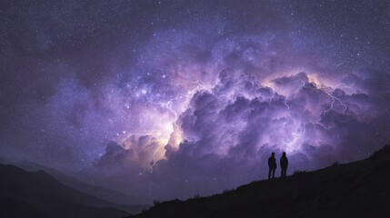 Two silhouetted figures on a ridge gaze at a dramatic, illuminated storm. A cosmic night sky swirls with lightning strikes and starlight