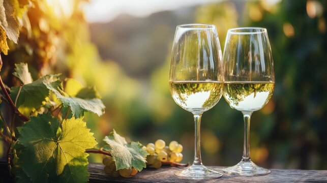 Two wine glasses filled with a light-colored liquid stand on a wooden surface, set against a blurred vineyard backdrop. Sunlit - Powered by Adobe