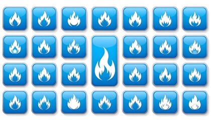 Image displays a variety of white flame icons set against a bright blue, rounded square background, organized