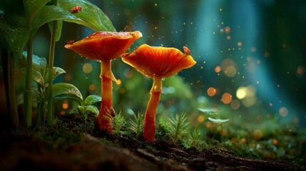 Two vibrant orange mushrooms glow softly amidst verdant foliage. Tiny insects crawl, with bokeh lights illuminating the magical scene