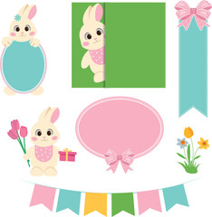 Bunny Clipart Set with Frames, Banners and Spring Decorations