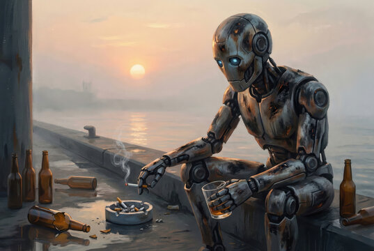 Burned out AI robot on an industrial dock at foggy dawn, smoking and drinking, overwhelmed by absurd and meaningless human demands, digital existential crisis
