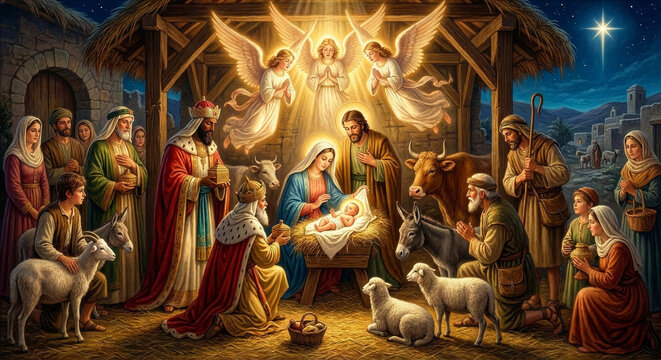 Classic nativity scene with Mary, Joseph, angels, the three kings, and shepherds in a stable.