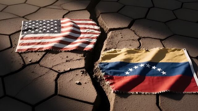 torn flags of usa and venezuela lying on dry cracked earth