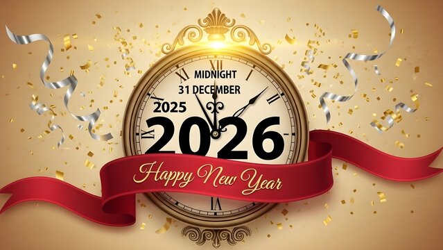 Happy New Year 2026 celebration with elegant clock striking midnight