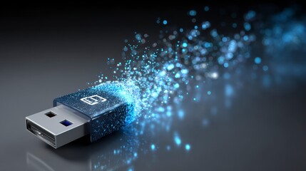Metallic USB drive shedding particles. Data transfer concept. Blue and grey color scheme. Artistic representation of information exchange and digital connection