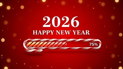 Happy New Year 2026 festive banner with candy cane and bokeh lights