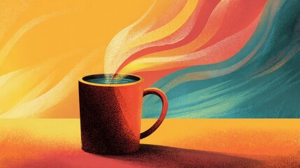 Illustration of a red mug containing steaming liquid, with colorful plumes against an abstract yellow and blue background