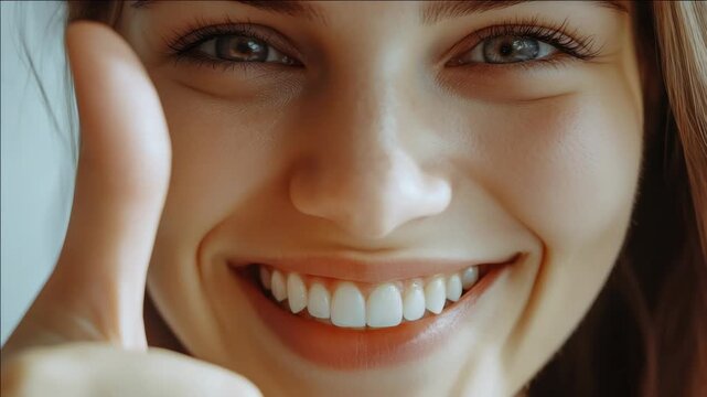 Portrait of happy woman with red lipstick and blue eyes, approving or endorsing product or service