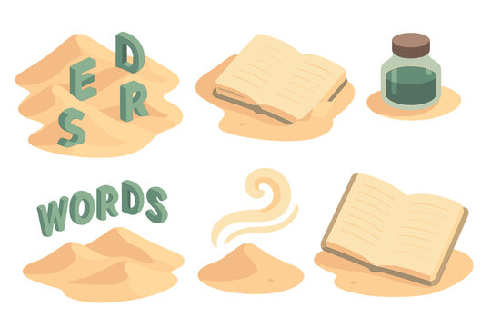Desert Wordscape Illustrations. Isometric vector illustration set of Desert Wordscape: sand dunes with magnetic letters,