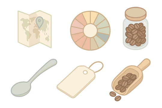 Flavor Origin Tools. Isometric vector illustration set of Flavor Origin Tools: folded atlas, aroma wheel chart, tasting spoon,