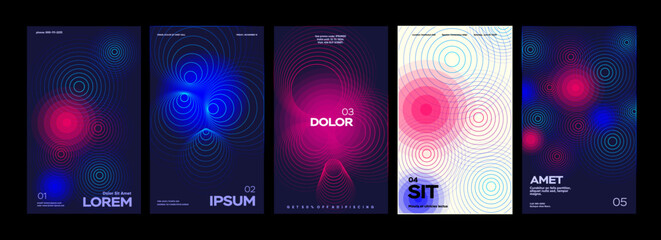 Naklejka na ściany i meble A set of five abstract posters featuring vibrant concentric circles in shades of blue, pink, and purple. Each design is unique, showcasing a modern and dynamic aesthetic 
