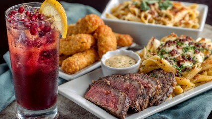 Drink - Pomegranate lemonade Appetizer - Mozzarella sticks Main course - Penne pasta with sliced prime rib Side - Fries Dessert - Apple fritter