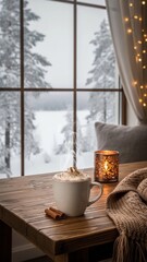 mug of hot drink with cream, for winter, on a wooden table