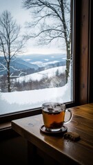 A cup of hot winter drink on a wooden table, with a view of the winter landscape through the window.
