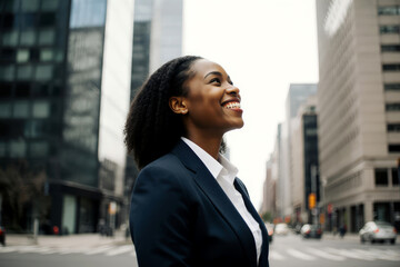 Fototapeta premium Happy young African American business woman standing in city looking away. Confident smiling confident professional businesswoman leader wearing suit thinking of success, dreaming of new goal outdoor.