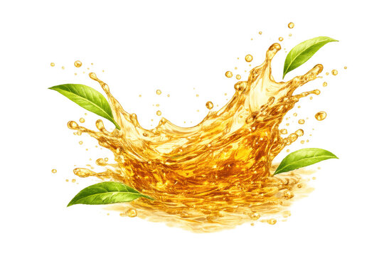 Refreshing tea splash with green leaves creating dynamic liquid motion and a healthy concept, transparent background
