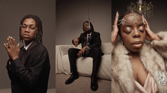 Split screen of young African American woman wearing fashionable fur coat showcasing head chain while Black male rapper in suit and statement rings performing in microphone in studio