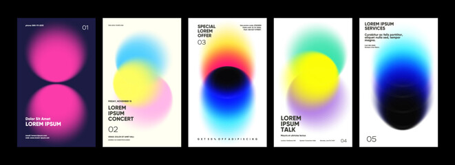 A collection of five vibrant posters featuring abstract gradient designs in various colors. Each poster includes text elements such as event details and promotional offers 