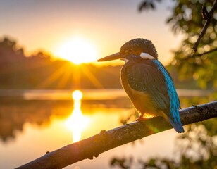 Kingfisher perched on branch in morning sun, lake reflecting light in background