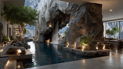 Luxury hall with breathtaking cascading waterfall view high resolution picture