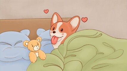 2D illustration of a cute corgi peeking from under a green blanket, smiling with tongue out. Hand-drawn pastel bedroom scene with a teddy bear and floating hearts. Kawaii style cozy home aesthetic.
