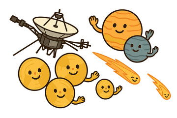 Voyager's Cosmic Journey. Voyager spacecraft flying with smiling golden records, planets waving goodbye, and comets guiding the