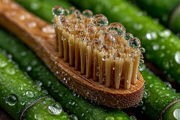 Macro shot of bamboo toothbrush with droplets high resolution picture