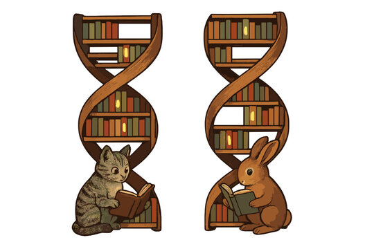 Chromosomal Library of Animals. DNA memory library with bookshelves as chromosomes, switches as glowing bookmarks, and animals