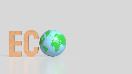 Eco Concept with Wooden Letters and Green Earth Globe on Clean Background 3d render.