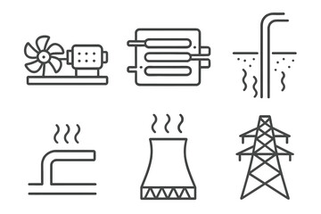 Geothermal Power Icons. Line style icons of Geothermal Power Plants: turbine generator, heat exchanger, geothermal well, steam