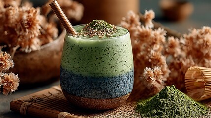 Matcha latte served beautifully with bamboo straw high resolution picture