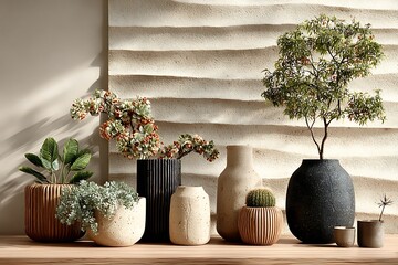 Minimal 3D wall mural with decorative plants high resolution picture