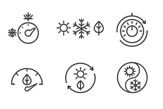 Seasonal Control Icons. Line style icons of season-manipulation tools: rotary dial of seasons, sun-snow-leaf icons, adjustable