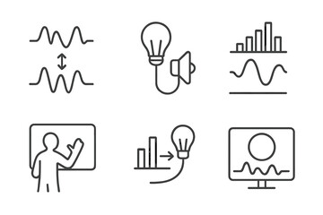 Audiovisual Integration Icons. Line style icons of audiovisual integration tools: synchronized waveform, light-sound link, rhythm