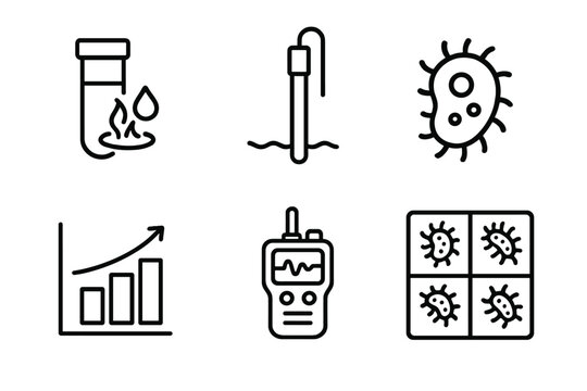 Acid Lake Icons. Line style icons of acid lake organism studiers: corrosive water sample vial, pH sensor probe, acid-resistant