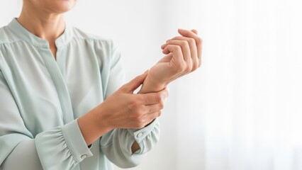 Fototapeta premium Arthritis pain. Female individual in light blouse is gently holding her wrist, showcasing a moment of self-care and mindfulness in a softly lit indoor environment with natural light