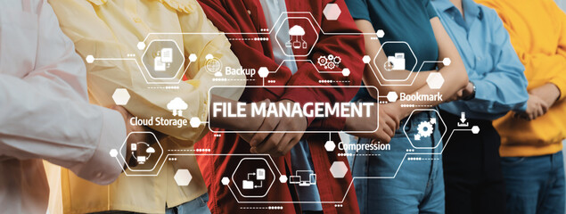 Innovative visual representing file management strategies, showcasing technology icons and a diverse team. Ideal for digital organization concepts and collaborative efforts. Amity