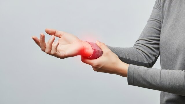 Arthritis pain. Female individual with gray long-sleeve shirt is holding wrist with discomfort, showcasing a health concern related to wrist pain and potential injury in a neutral setting