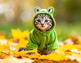 Kitten wearing a frog costume sits amidst bright yellow fall leaves outdoors, looking towards the camera