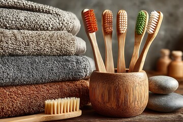 Minimalist bamboo toothbrush with candle decor high resolution picture