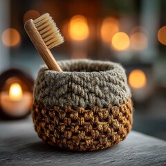 Minimalist bamboo toothbrush with knitted holder high resolution picture