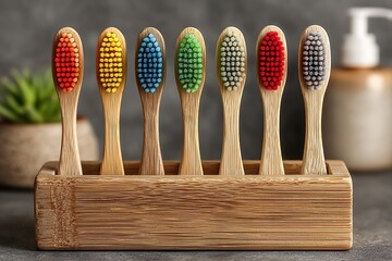 Minimalist bamboo toothbrush with bright colors high resolution picture