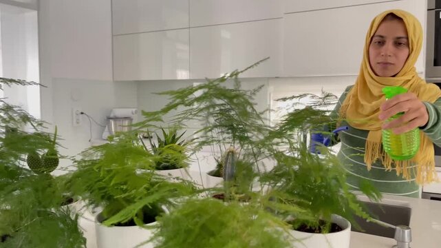 Video of muslim woman watering her plants in home. High quality 4k footage