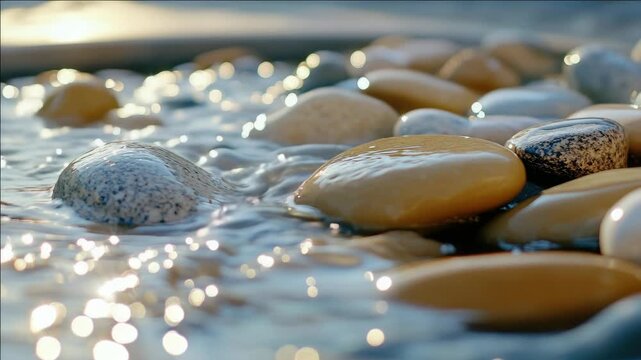 Peaceful scene of pebbles and water, with natural light creating reflections.