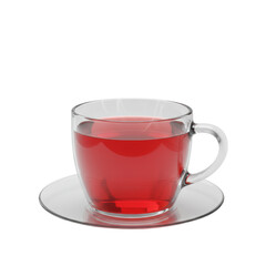 a pristine, transparent glass teacup filled with vibrant crimson hibiscus hot tea, steam rising, centered on a matching saucer against a transparent high-key studio background. concept for luxury