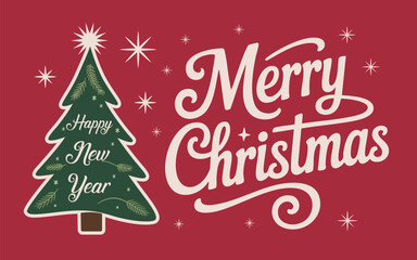 Fototapeta premium Christmas red banner design. Merry Christmas greeting card. Christmas Tree on Red Background. Christmas card illustration. Merry Christmas background with Christmas tree and snowflakes