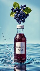 Obraz premium digital illustration bottle blueberry juice bottle center filled dark red liquid label bottle reads blueberry juice white letters above bottle bunch fresh blueberries green leaves background light