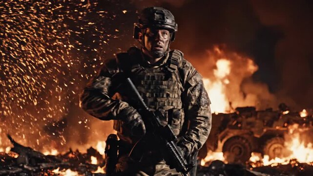 Soldier in camouflage, grimacing amidst flames and debris, holding weapon, fire in background
